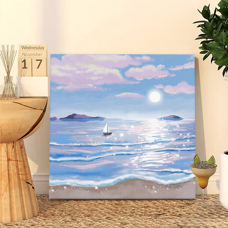 数字油画diyi海滩风景手工填色填充丙烯油彩画简单减压装饰画图片