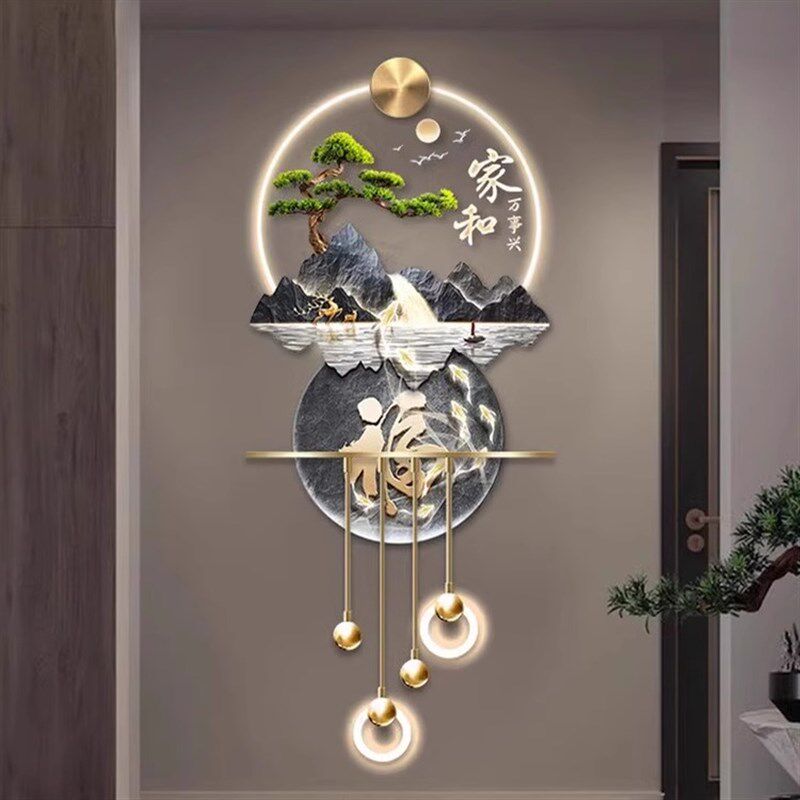 迎客松玄关装饰画高档立体壁灯山水风景J流水生财入户走廊过道壁