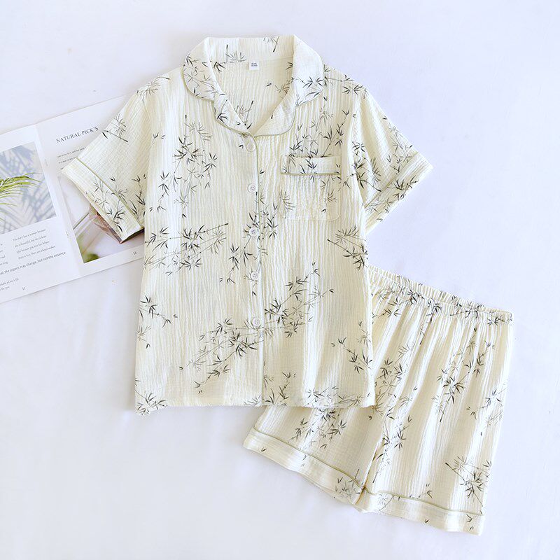 婴儿棉纱布情侣夏季睡衣t短袖短裤套装男士全棉家居服竹子女款半