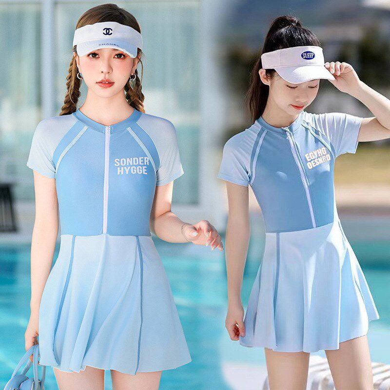 亲子泳衣母女装连体公主裙式时尚拼色H女童中大童游泳训练度假泳