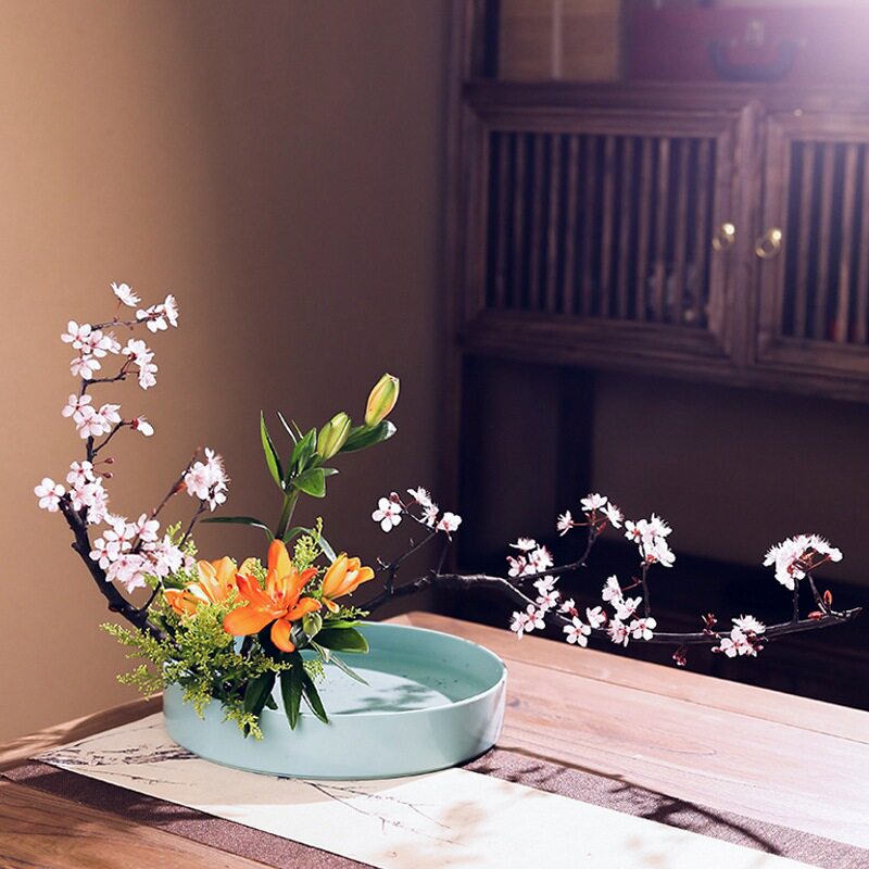 剑山中式插花器皿日式禅意小原流花器插花花盆塑料花盘花道圆盘