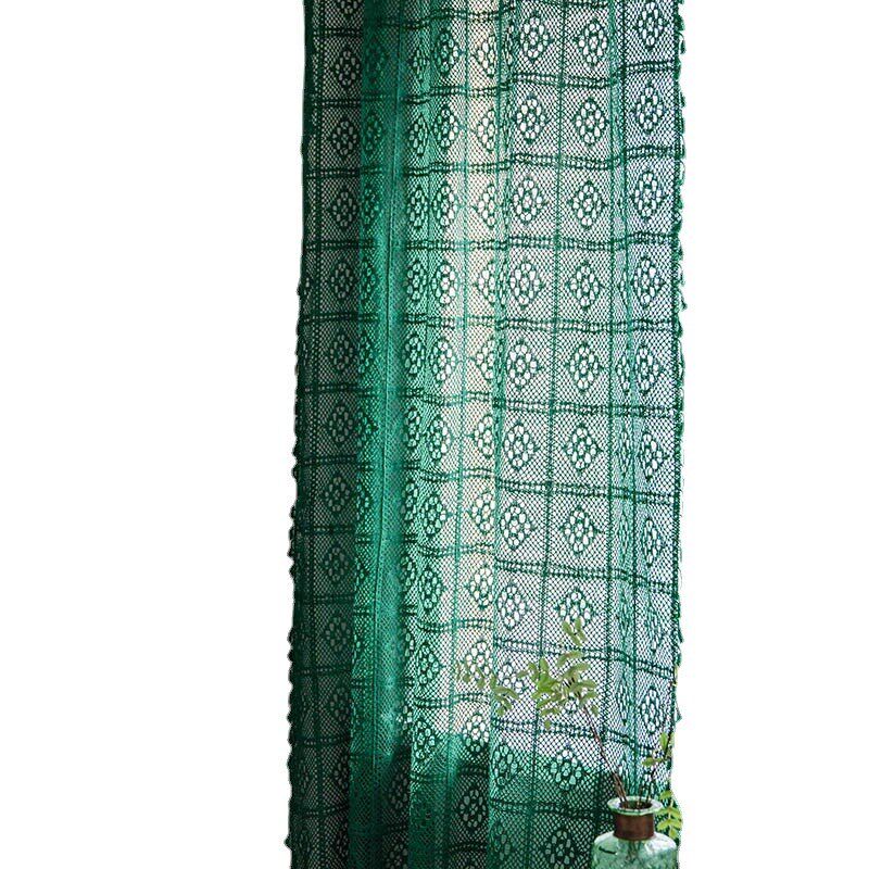 美式窗纱j绿色遮光拼接镂空钩针魔术贴客厅飘窗成品窗帘