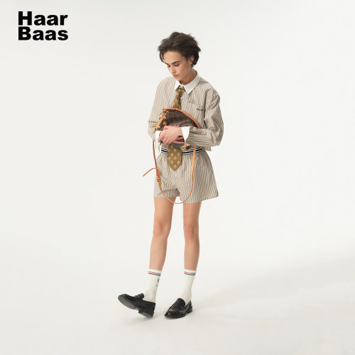 【Haar Baas】复古老钱条纹短款直筒刺绣棉质衬衫棉质短裤套装