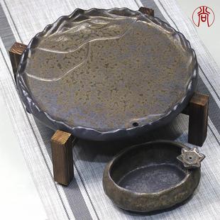 陶瓷茶盘圆形大号粗陶托盘创意个性 家用排水干泡台储水式 茶台日式