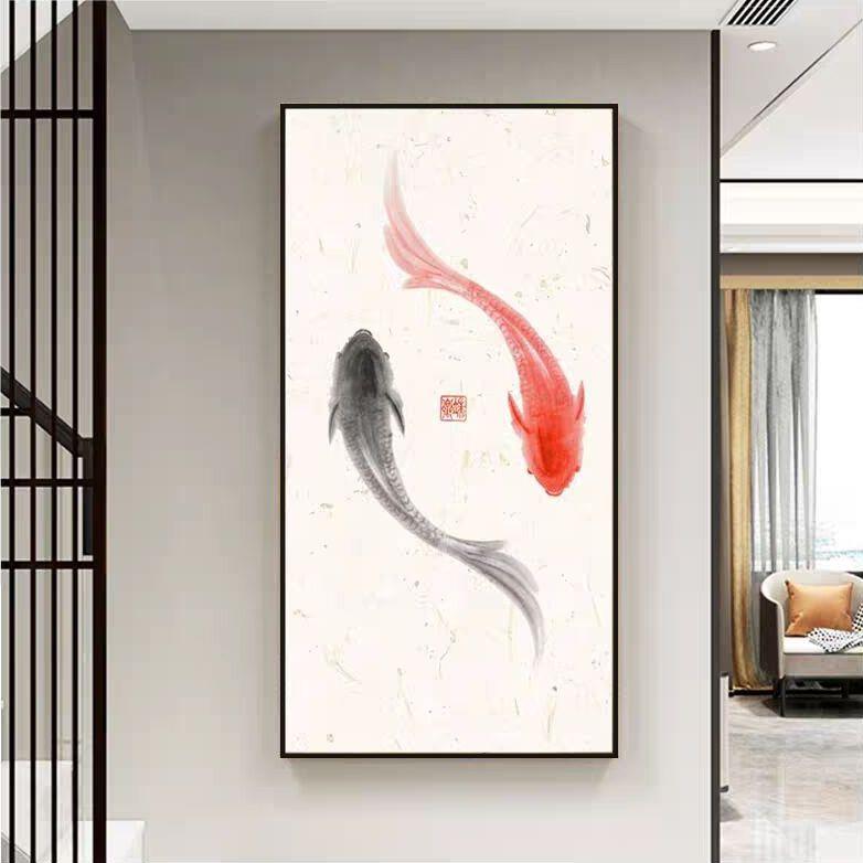 太极鱼挂画鲤鱼跃龙门入户玄关装饰画禅意客厅招财风水画书房壁画图片