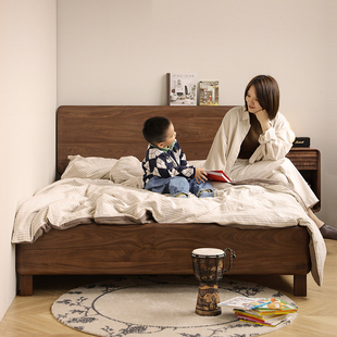 北美黑胡桃木1米5实木床现代简约1米8床双人床主卧齐边床小户型
