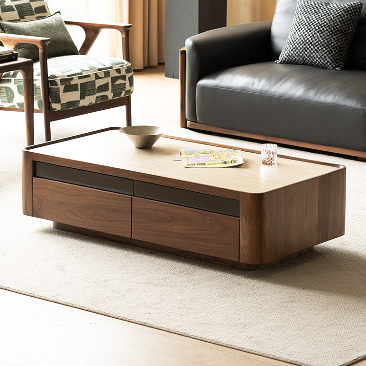 北美黑胡桃木客厅家用洞石岩板茶几现代极简创意实木长方形桌子