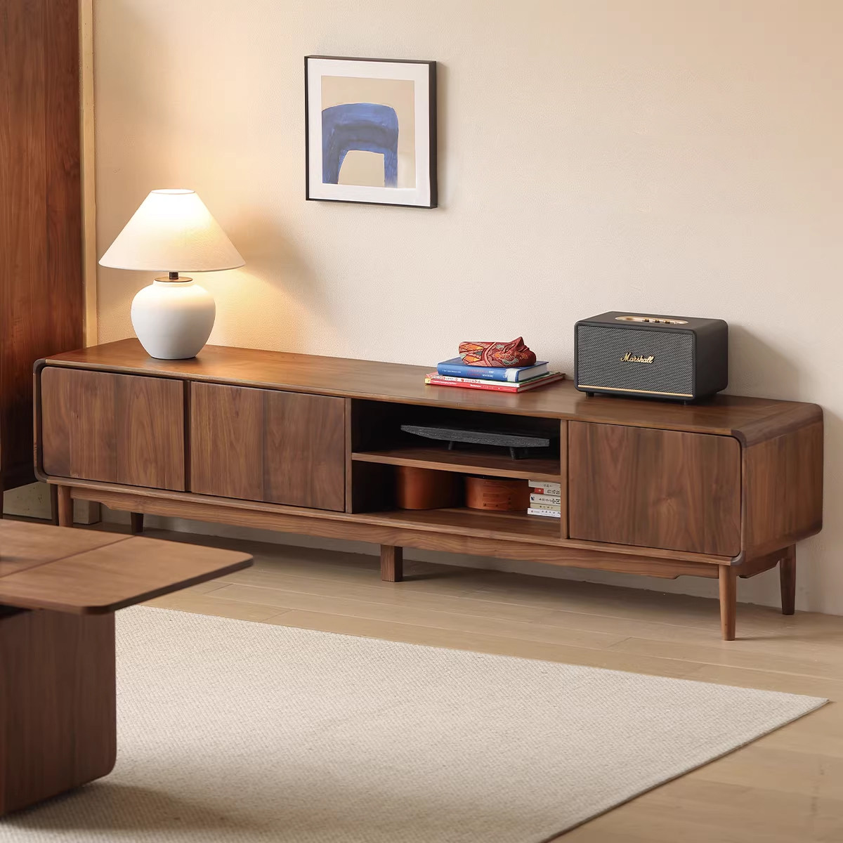 北美黑胡桃电视柜收纳储物柜一体家用小户型中古风客厅实木落地柜