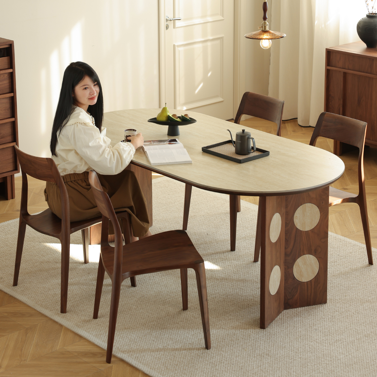 晨物岩板餐桌北美黑胡桃木