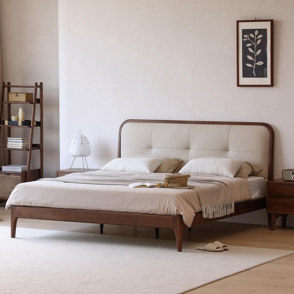 北美黑胡桃木实木软包床头层牛皮1.5米北欧简约1.8米主卧双人大床