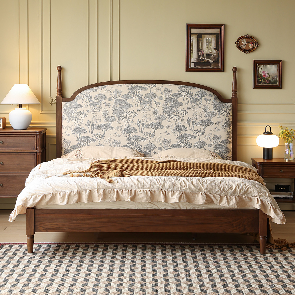 北美黑胡桃木美式复古1.8米主卧双人大床家用1.5米实木布艺软靠床