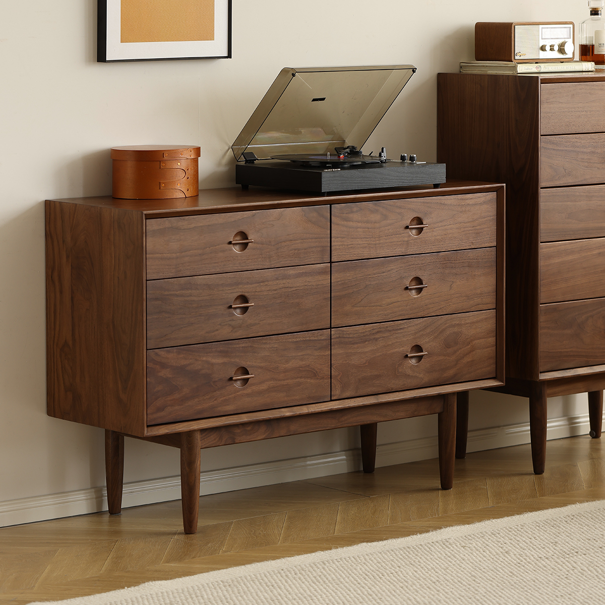 晨物北美黑胡桃六斗柜客厅实木收纳柜卧室靠墙储物柜电视旁小边柜