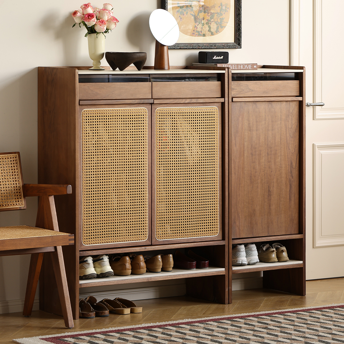 黑胡桃实木鞋柜岩板藤编收纳柜