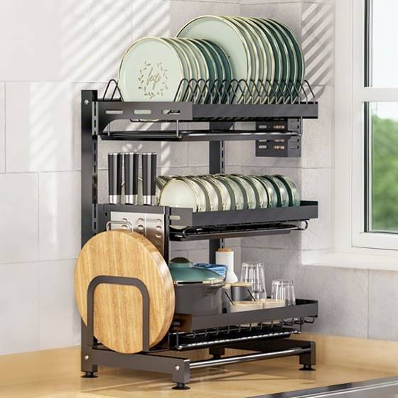 厨房碗盘架沥水篮带挂钩筷子筒碗架分层收纳置物架多功能碗碟架