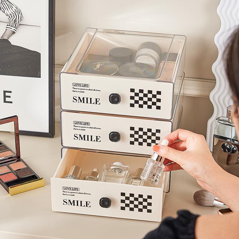 奶油风桌面透明抽屉式收纳盒手账文具置物架书桌上笔筒整理小盒子