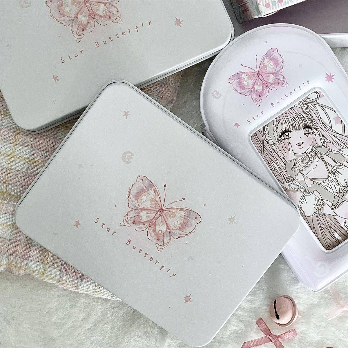 原创ins蝴蝶铁盒高颜值桌面小卡收纳盒贴纸素材证件卡收纳盒可爱