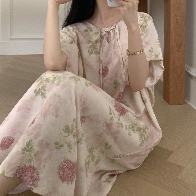 2024新中式棉绸睡裙薄夏季女A改良版旗袍连衣裙宽松国风睡衣可外