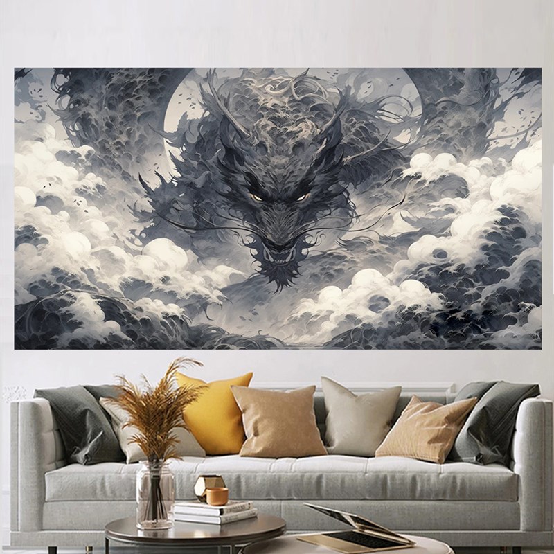 黑白水墨龙挂g布背景布房间墙布卧室小众艺术背景墙床头挂毯画布