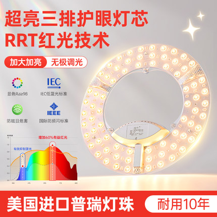 led灯芯家用超亮全光谱s吸顶灯环形替换光源护眼卧室圆形三色灯盘