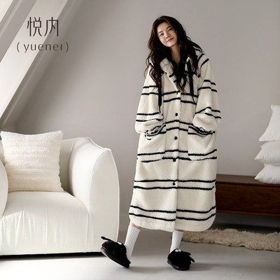 悦内睡袍女睡衣睡裙秋冬款冬季z加厚加绒保暖珊瑚绒长款大码家居