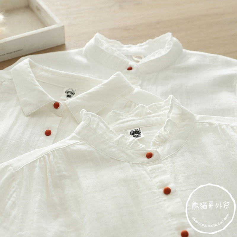 立领木耳边白色衬衫日系春秋新款长袖纯色打底减龄Z叠穿衬衣女