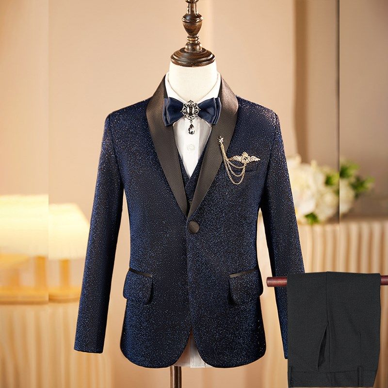 亮片男童西装套装藏青主持人礼服儿童大童走秀生T日钢琴活动演出