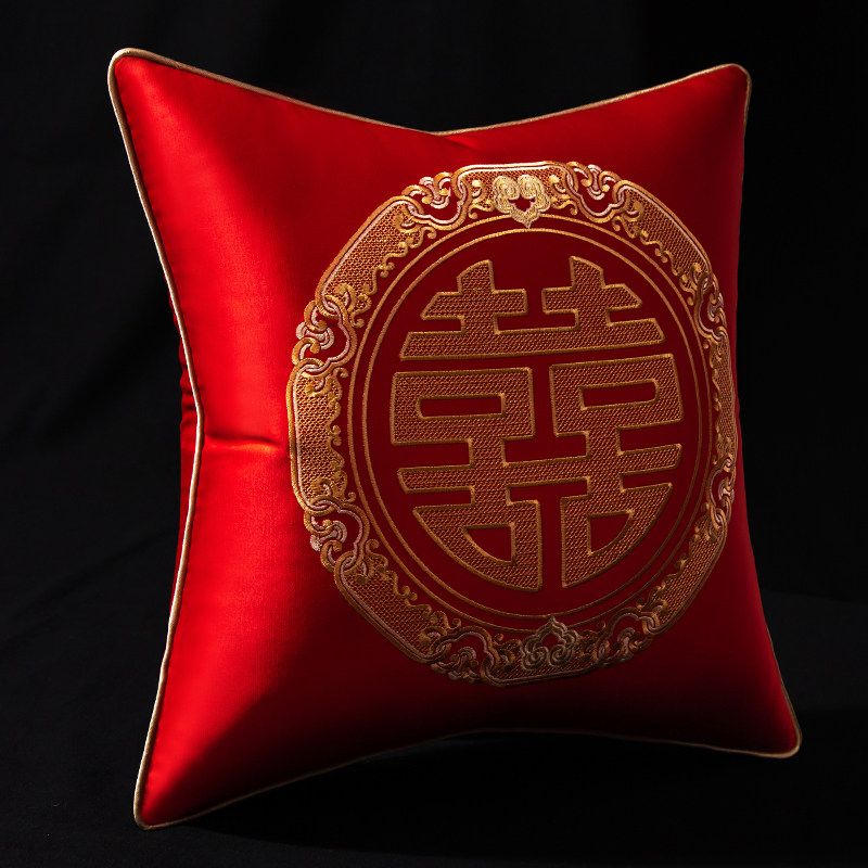 新中式结婚抱枕客厅沙发红色刺绣喜D字一对新房喜枕床上喜庆靠垫