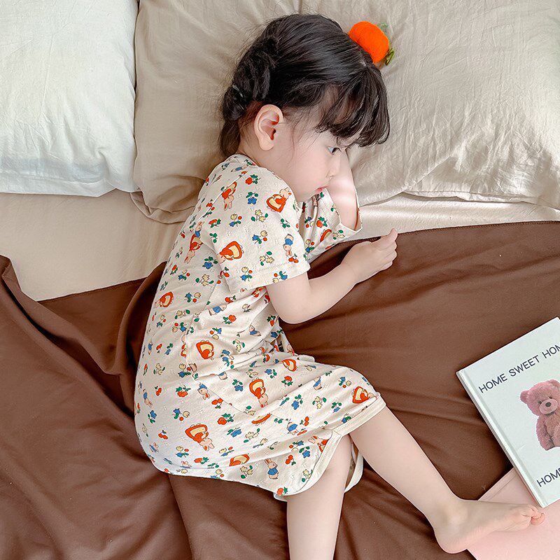 女童睡裙夏c季防踢空调睡衣薄宝宝呼吸纯棉连体睡袍小孩家居服卡