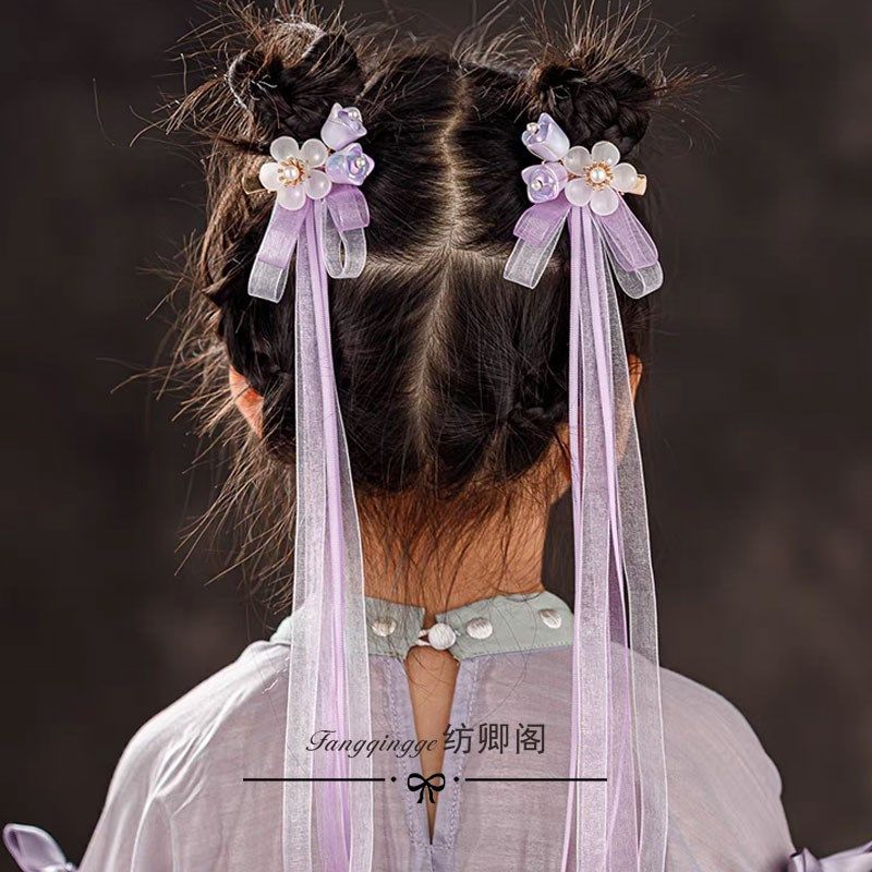 超仙公主风儿童霓m虹铃兰飘带对夹发饰日常旗袍汉服百搭古风发夹