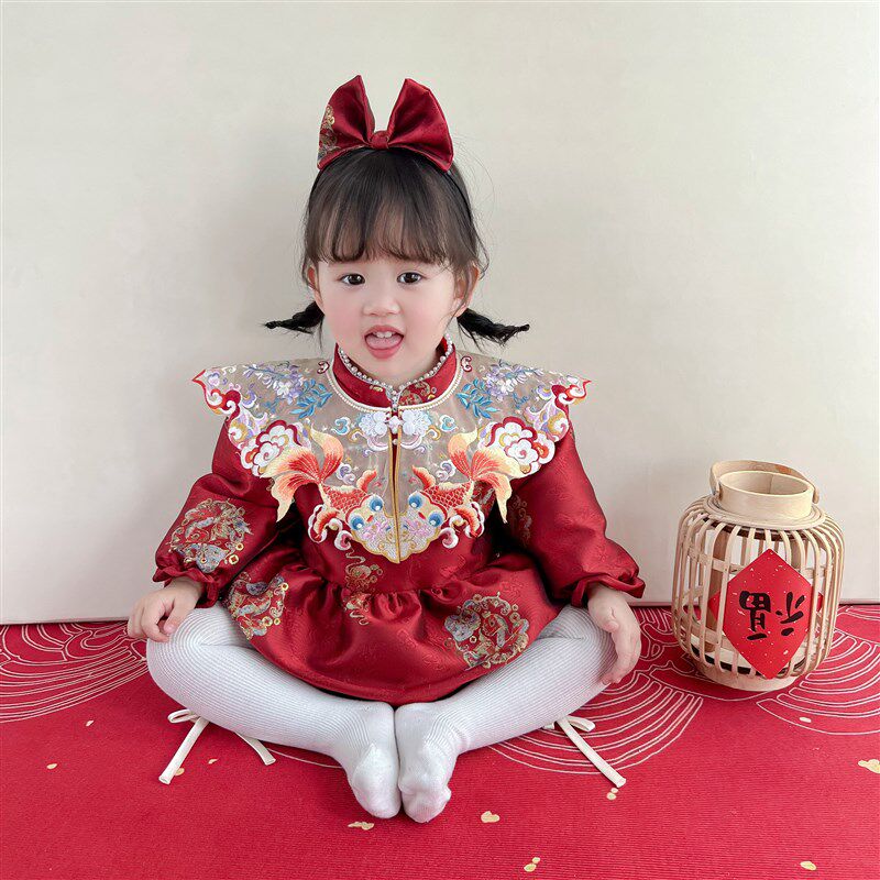 周岁女宝宝礼服抓周冠衣礼服中国风E唐装生日宴百天宴春夏款包屁