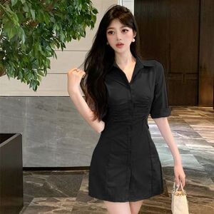 纯欲御姐设计修身褶皱衬衫收腰连衣裙时尚衬衫女装百搭通勤修身