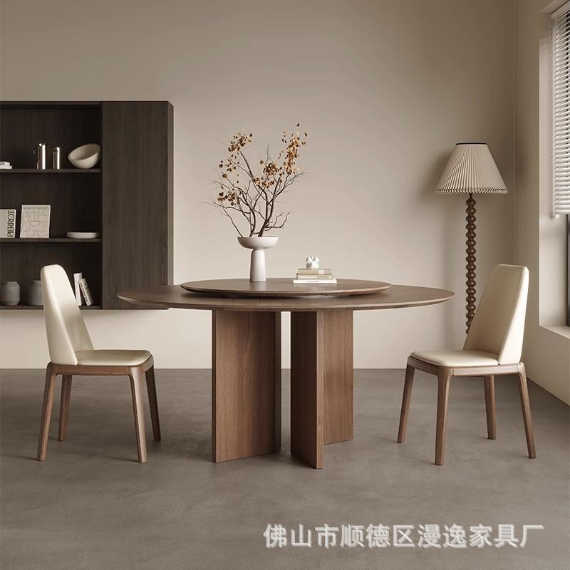 复古实木圆桌家用小户型圆形饭桌黑胡桃木拼花带转盘圆餐桌椅组合