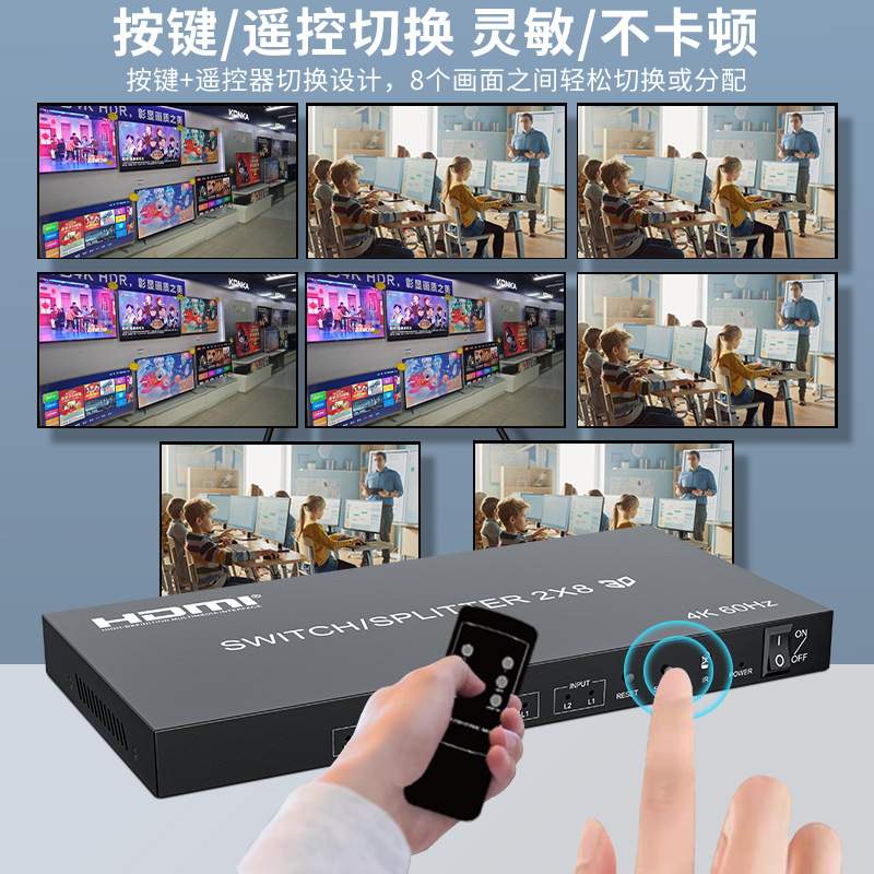 2.0HDMI分配器2进8出4K60hz二进八出切换器矩阵2160P高清分屏电脑