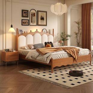 法式复古木床樱桃木波浪主卧室小户型软包美式家具古风主卧双人床