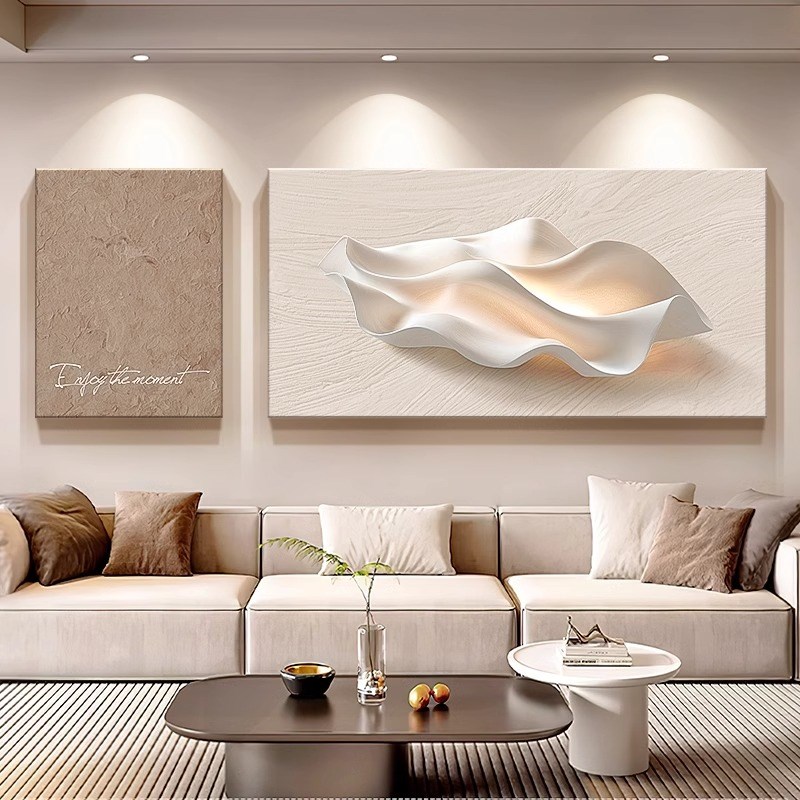 奶油风客厅装饰画抽象浮雕立体感双联墙J壁画高级感沙发背景墙壁