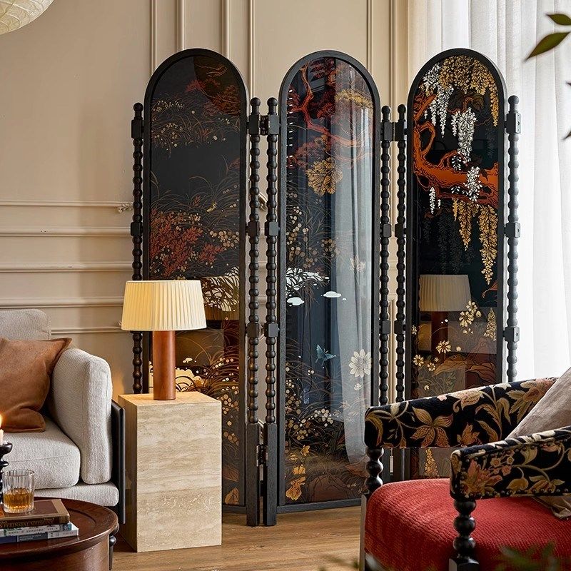 法式手绘复古屏风隔断客厅折叠新中式中古小户型会所遮挡移动折屏