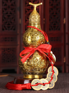 铜葫芦风水摆件纯铜开q口八仙葫芦五帝钱挂件工艺品招财鎮宅大小