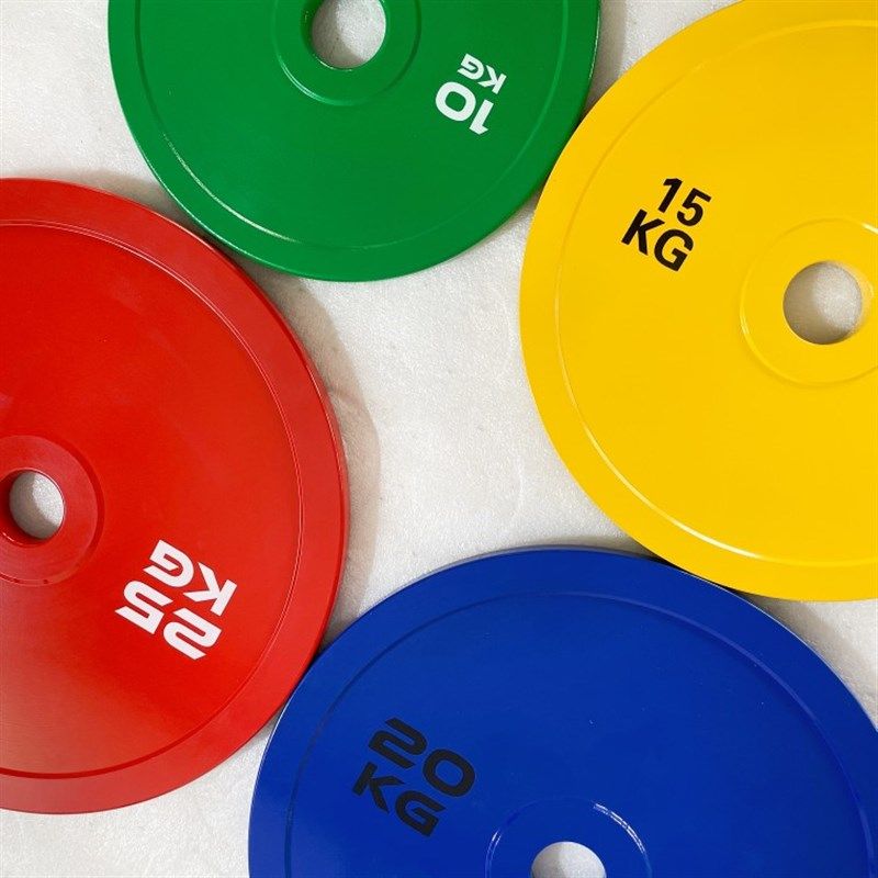 健身奥杠大孔杠铃配重片臀推举重比赛训练彩色大钢片10-50大公斤