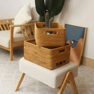 T高档越南真藤手工编织居家茶几杂物长方形收纳筐桌面杂物编制篮