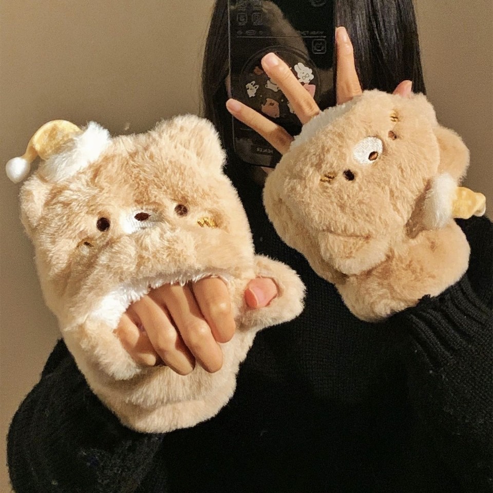 可爱小熊半指翻盖毛绒手套女冬季加绒加厚露指可触屏学生写字防寒