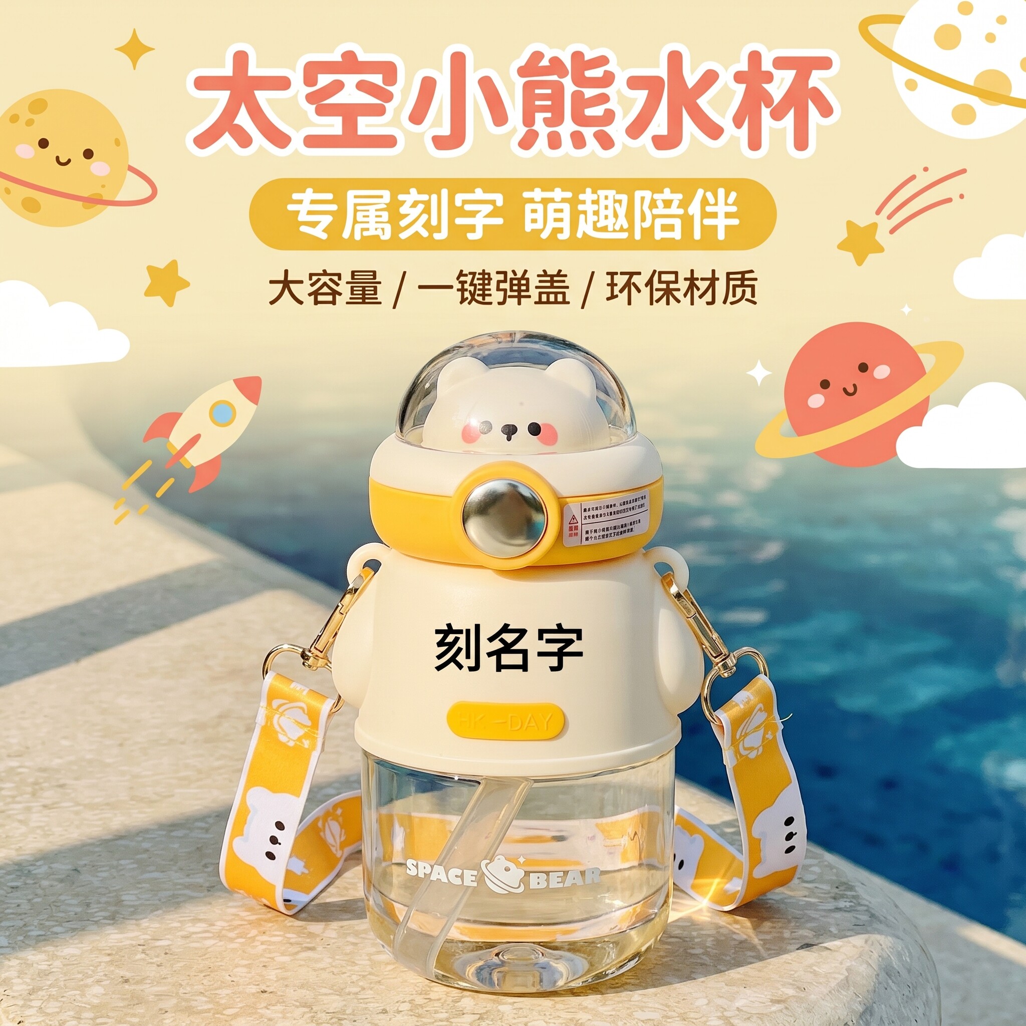 宇航熊韩式卡通大肚吸管保温杯图片