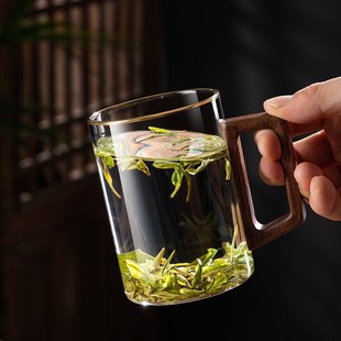 家用客厅耐高温泡绿茶水杯大容量待客喝水杯子中式 玻璃杯套装 木柄