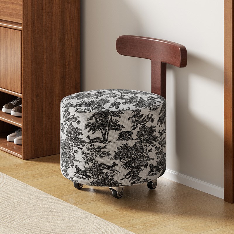 万向轮小凳子家用靠背椅结实耐用软E坐垫矮凳子滑轮移动圆凳实木