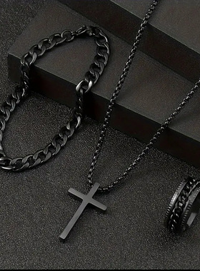 欧美热销亚马逊SHEINtemu新款十字架饰品链条戒指手链项链3套装