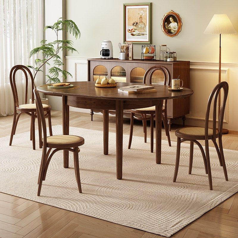 卡答小户型圆桌可变椭圆形餐桌家用胡桃木色原木侘寂实木折叠饭桌