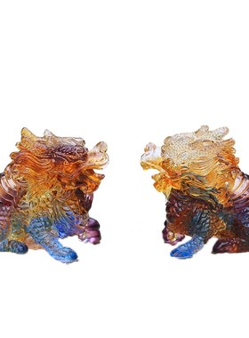 琉璃麒麟一对招财风水摆件居家客厅办公商铺前R台桌面摆放装饰送