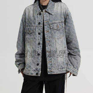 美式复古翻领牛仔外套春秋季男女款设计感满印猫爪磨破嘻哈夹克服