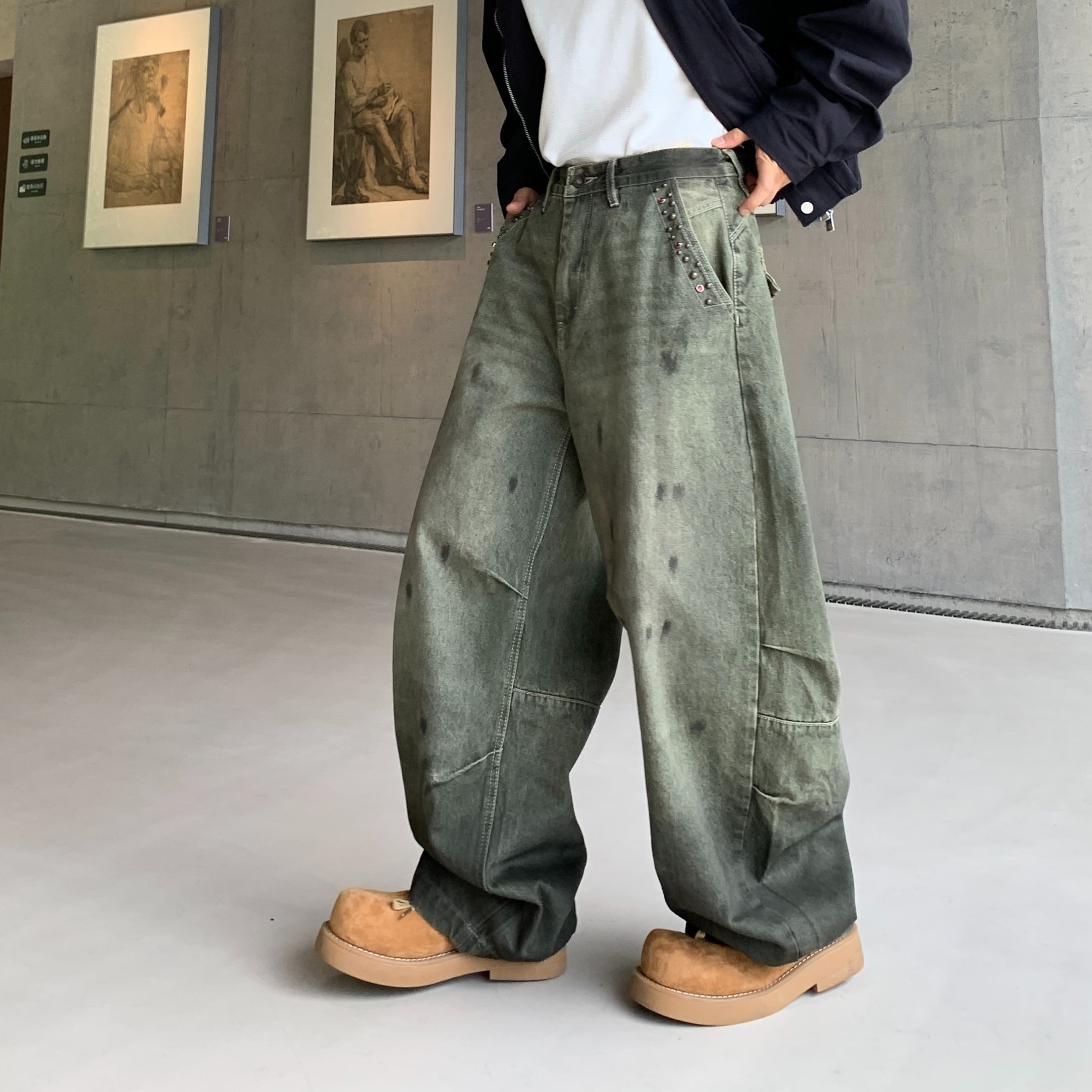 巴黎风格高街泼墨涂鸦工装牛仔裤