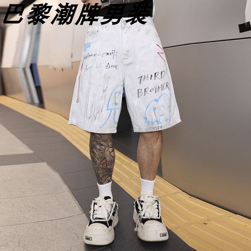 巴黎风美式复古涂鸦牛仔短裤