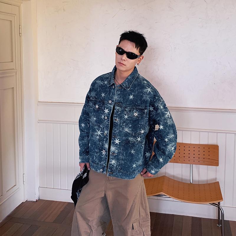 巴黎风格美式复古满印牛仔外套